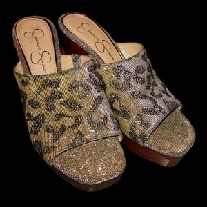 Leopard Wedges adorned with decorative crystals